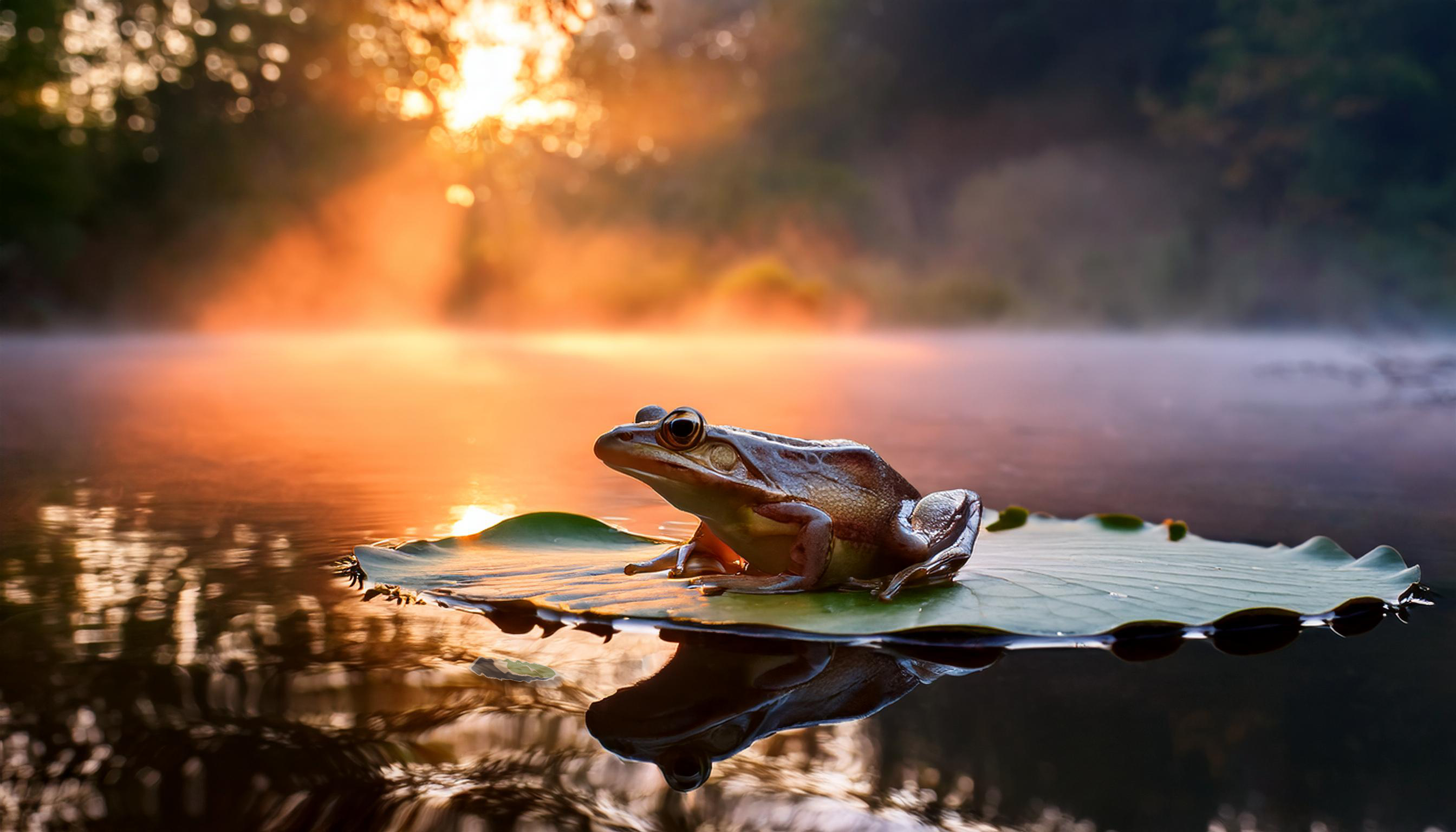 Frosch auf einem Seerosenblatt in einem ruhigen Sumpf